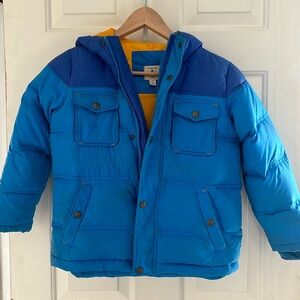 Land End Boys down puffer coat, size L (7), Blue with orange lining